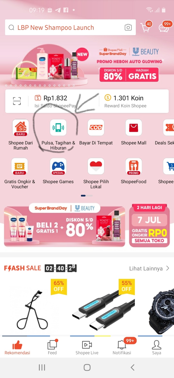 Halaman utama aplikasi Shopee