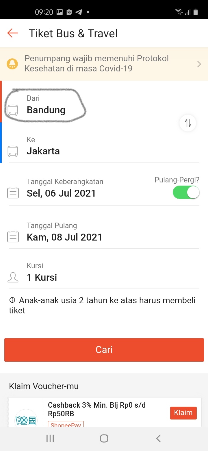 Memilih titik awal pemberangkatan Bus